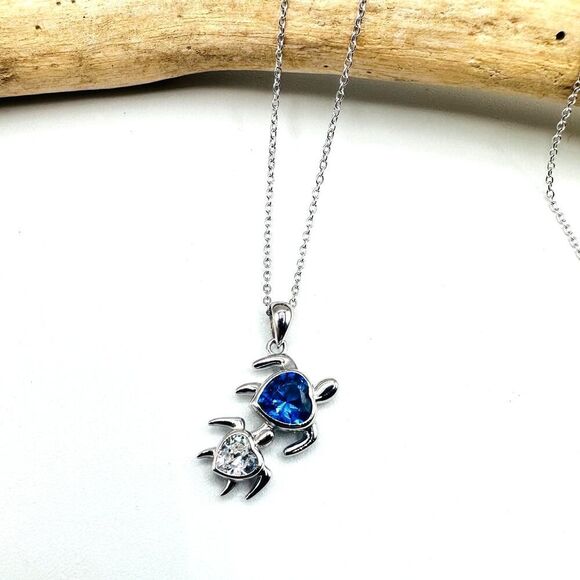 Sterling Silver Mom and Baby Turtle CZ Heart Necklace - Picture 4 of 8